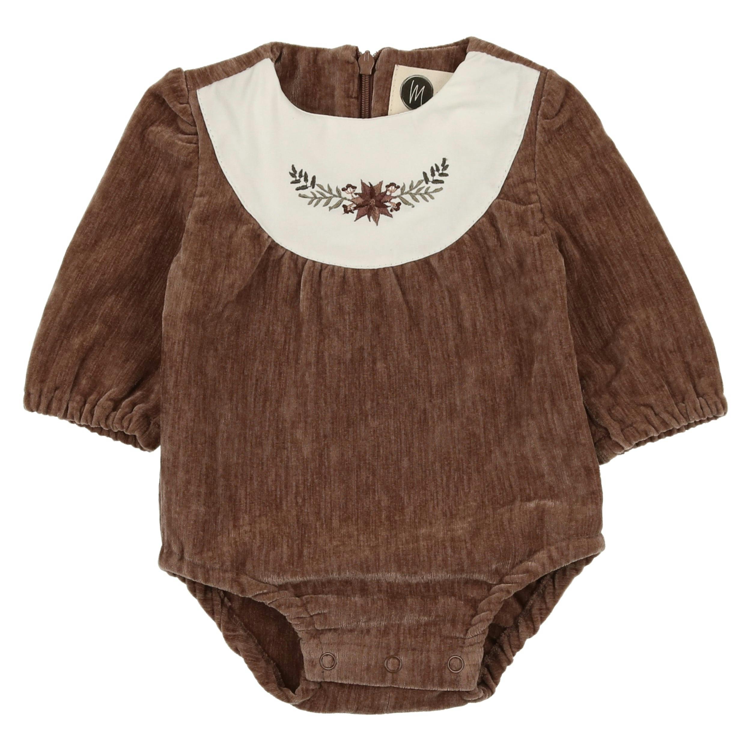 Pretty Poinsettia Bib Yoke Velour Long Sleeve Romper