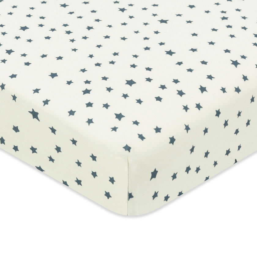 Mini Crib Sheet in GOTS Certified Organic Brushed Cotton in Ivory with Navy Stars
