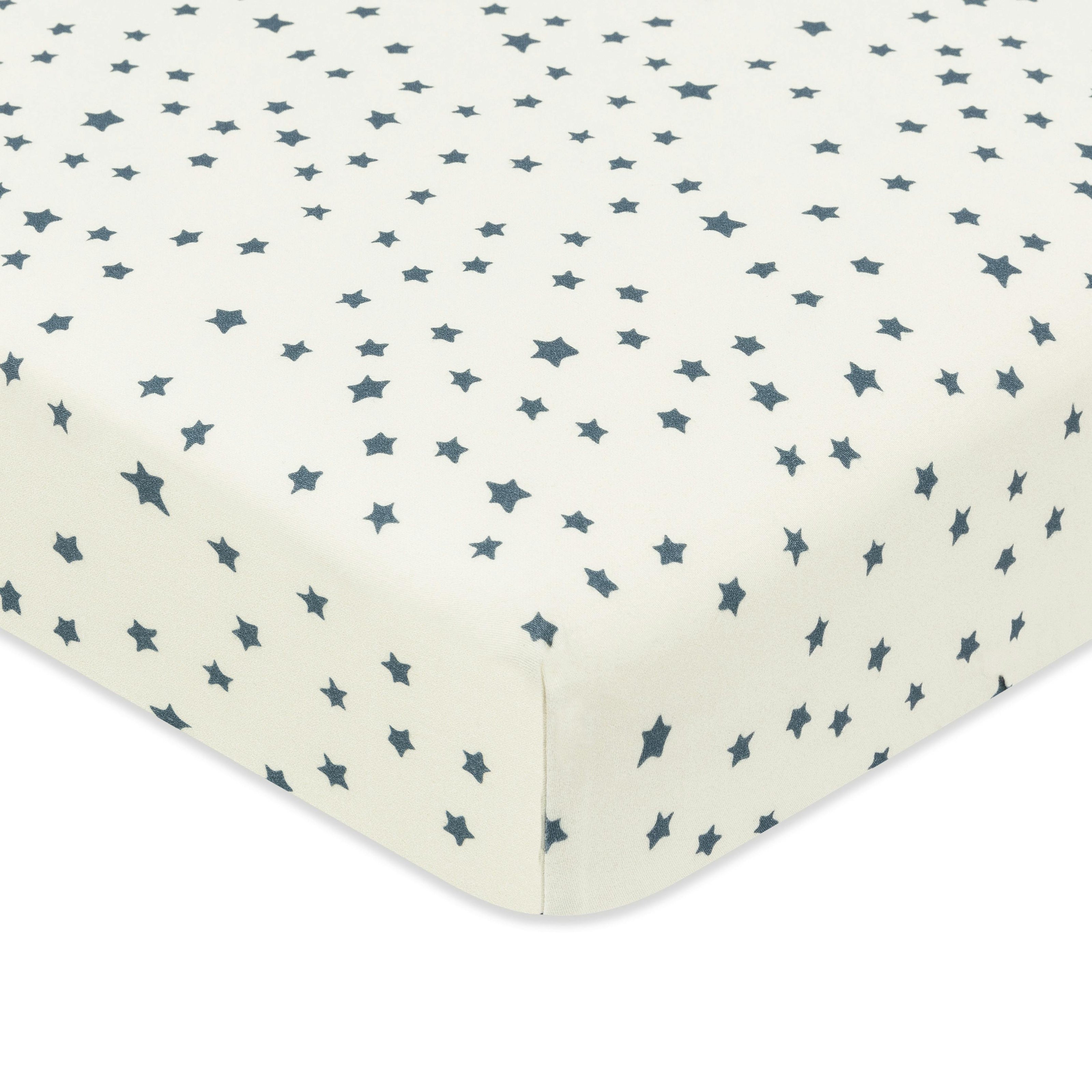 Mini Crib Sheet in GOTS Certified Organic Brushed Cotton in Ivory with Navy Stars