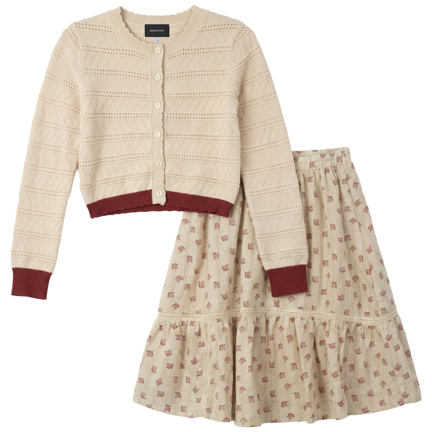 Floral Print Skirt Cardigan Set