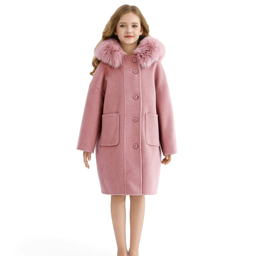 Pink Wool Coat with Faux Fur Hood