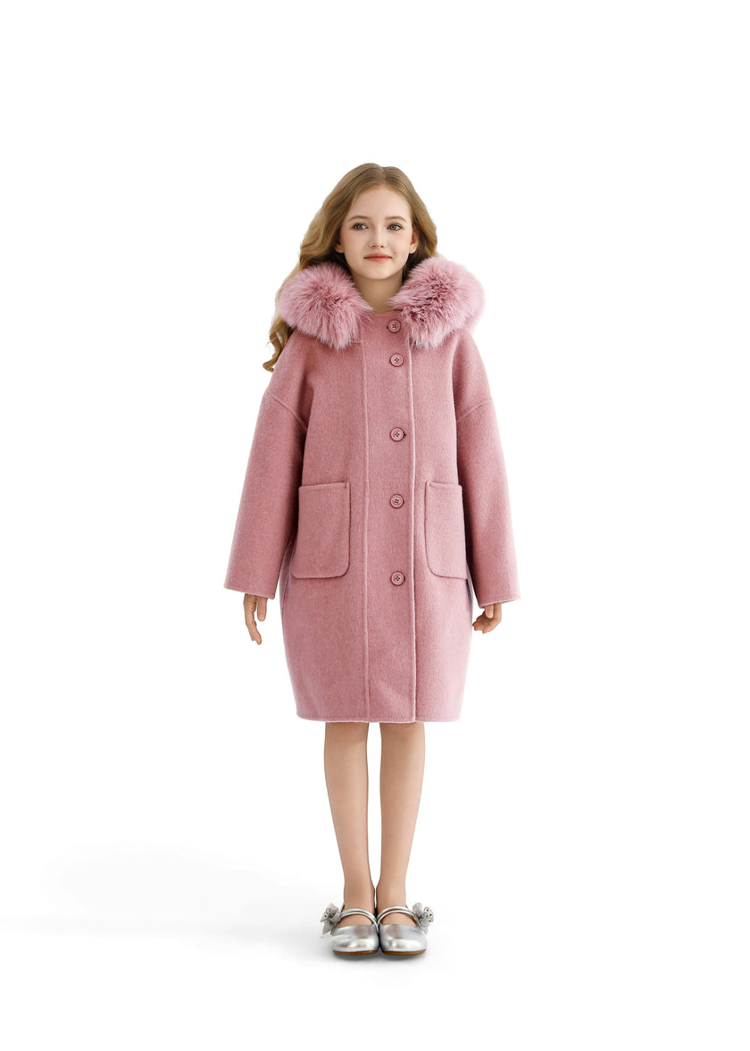 Pink Wool Coat with Faux Fur Hood