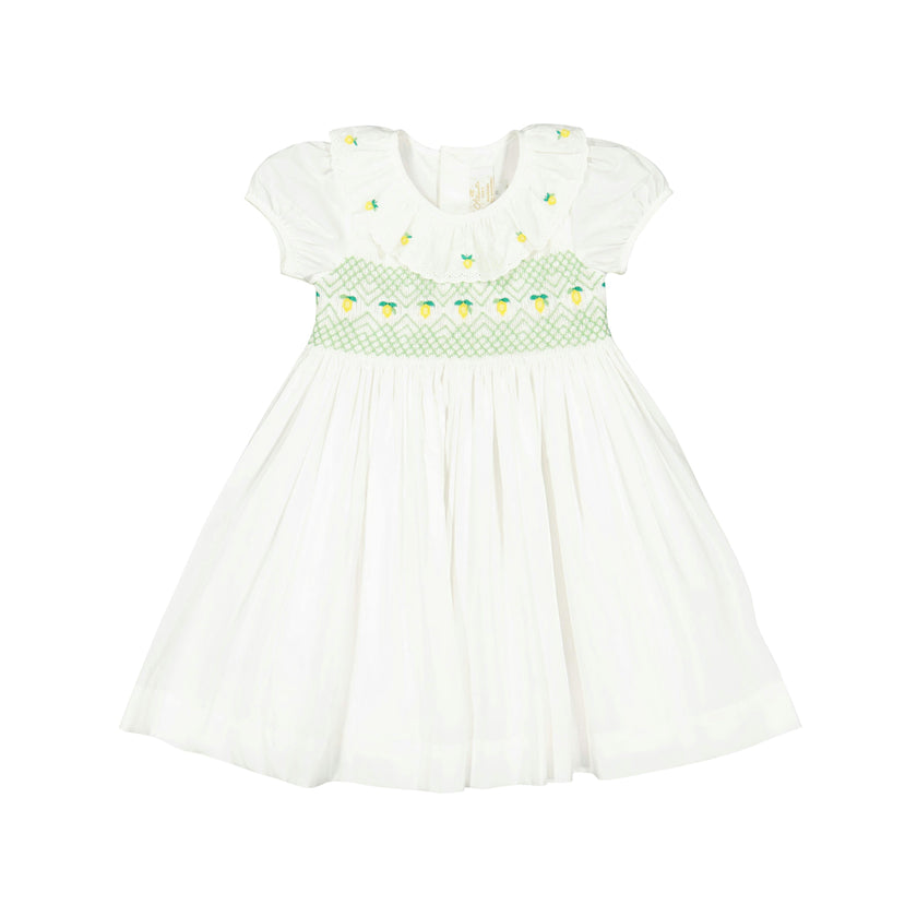 Victoria White Smocked Dress with Hand-Embroidered Lemons
