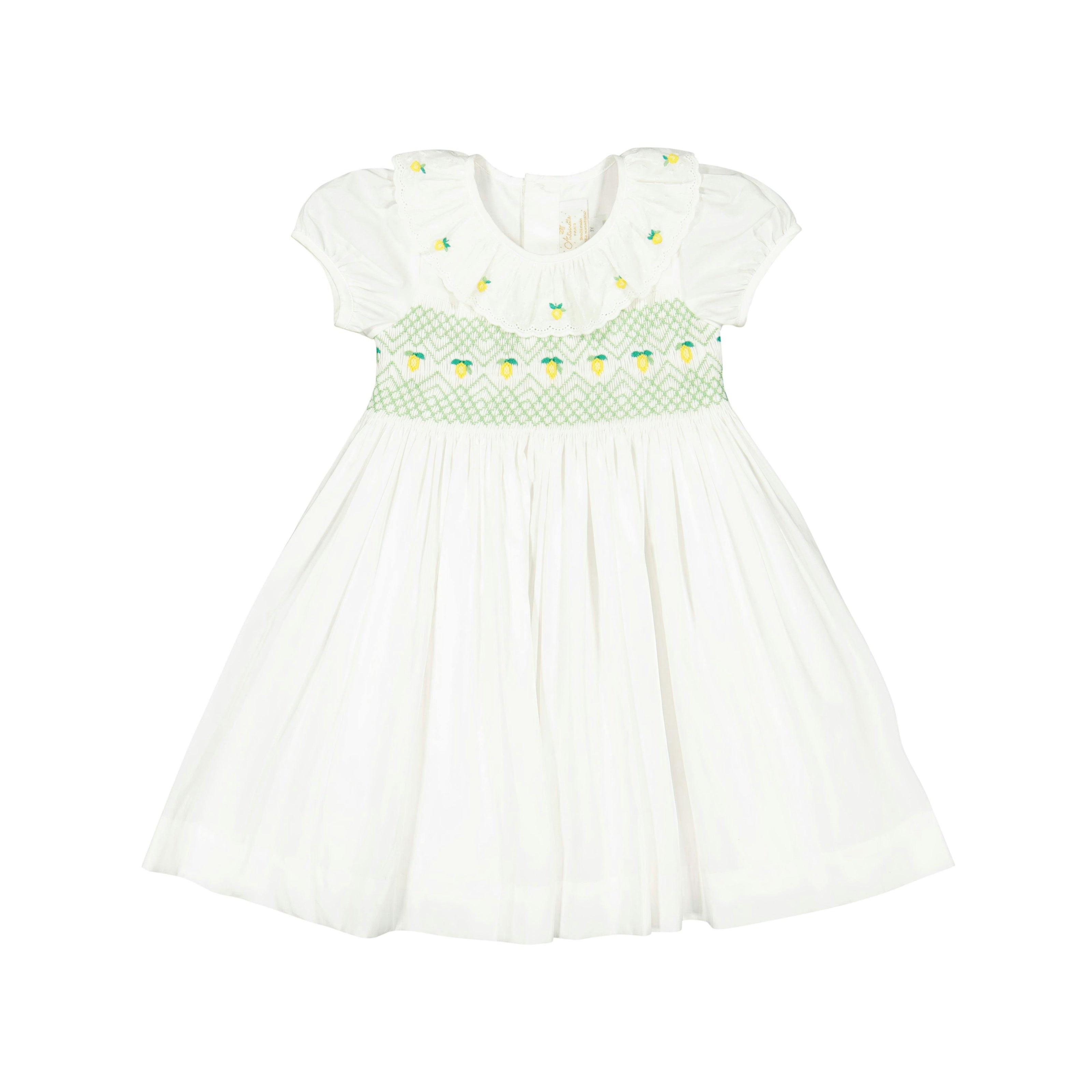 Victoria White Smocked Dress with Hand-Embroidered Lemons