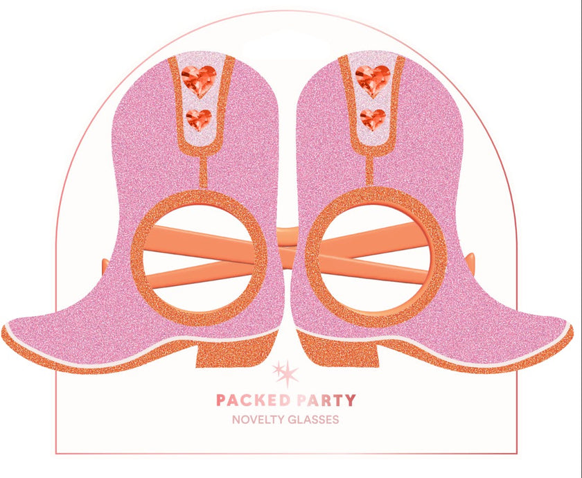 Packed Party Better in Boots Pink Glitter Cowboy Boot Novelty Party Glasses - Glitter Felt Boot Shape with Jewel Heart Details, One Size Fits All