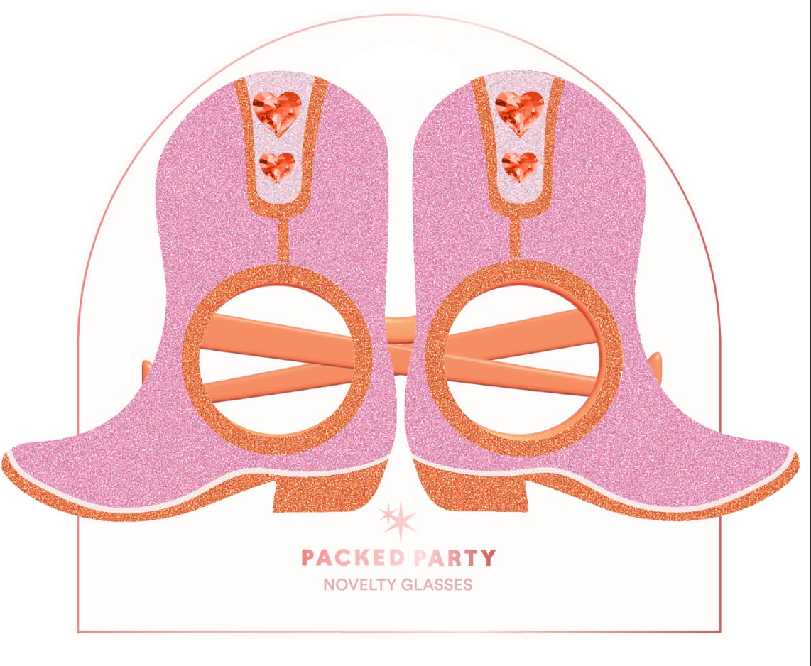 Packed Party Better in Boots Pink Glitter Cowboy Boot Novelty Party Glasses - Glitter Felt Boot Shape with Jewel Heart Details, One Size Fits All