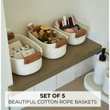 Beautiful Storage Basket Set of 5 - Modern Cotton Rope Baskets for Organizing Shelves - Perfect Bins for Nursery, Changing Table, Office and Living Room
