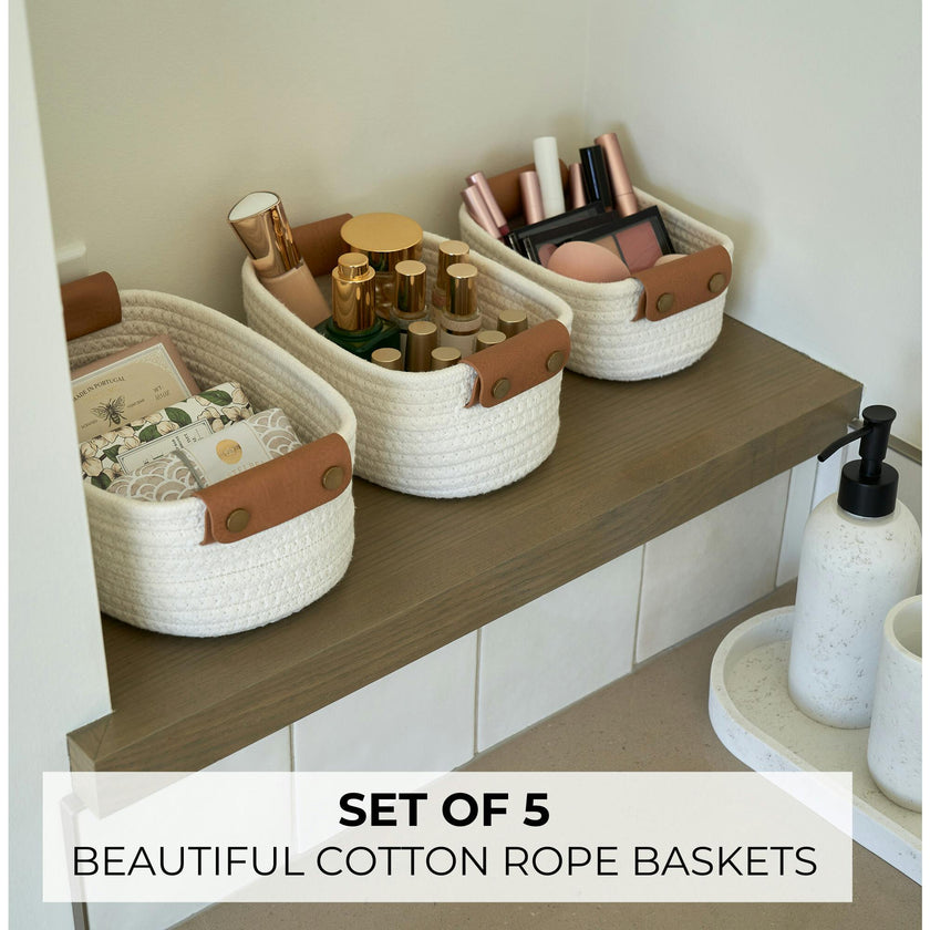 Beautiful Storage Basket Set of 5 - Modern Cotton Rope Baskets for Organizing Shelves - Perfect Bins for Nursery, Changing Table, Office and Living Room