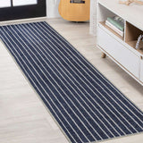 Rand Distressed Ticking Stripe Machine-Washable Area Rug, Navy