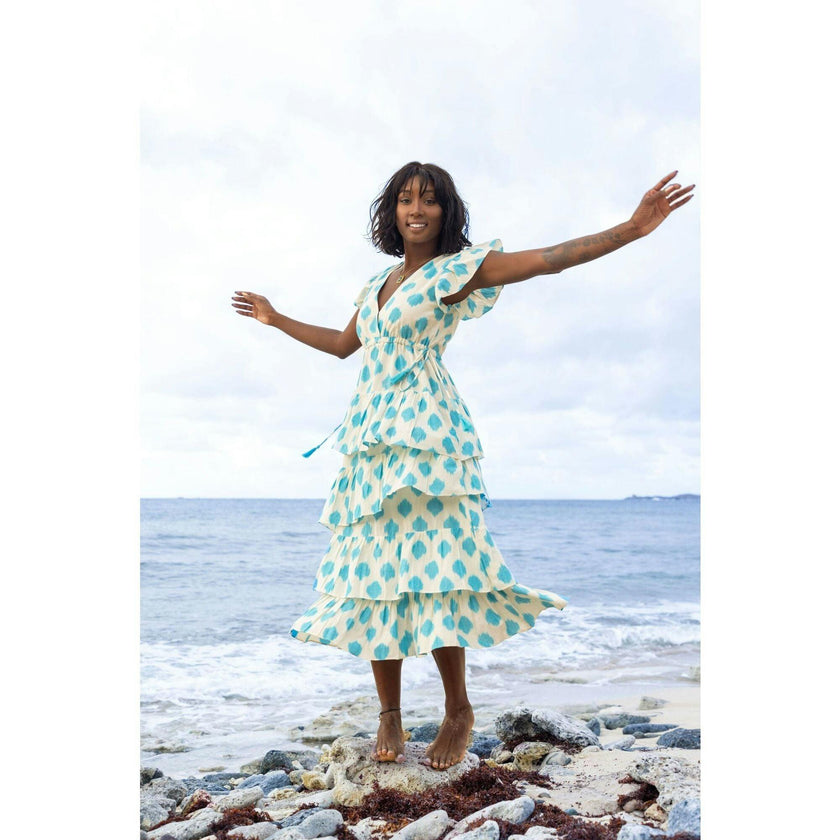 Mica Women's Tiered Maxi Dress Cream Aqua Ikat, Blue