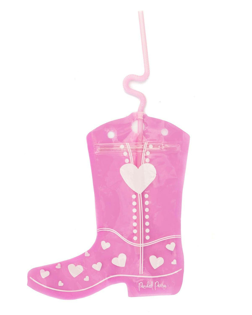 Packed Party Valentine Cowboy Boot Drink Pouches Set of 10 - Heart-Studded Boot-Shaped Reusable Drink Bags with Bendy Straws, 8 oz BPA-Free, 8x7 Inch