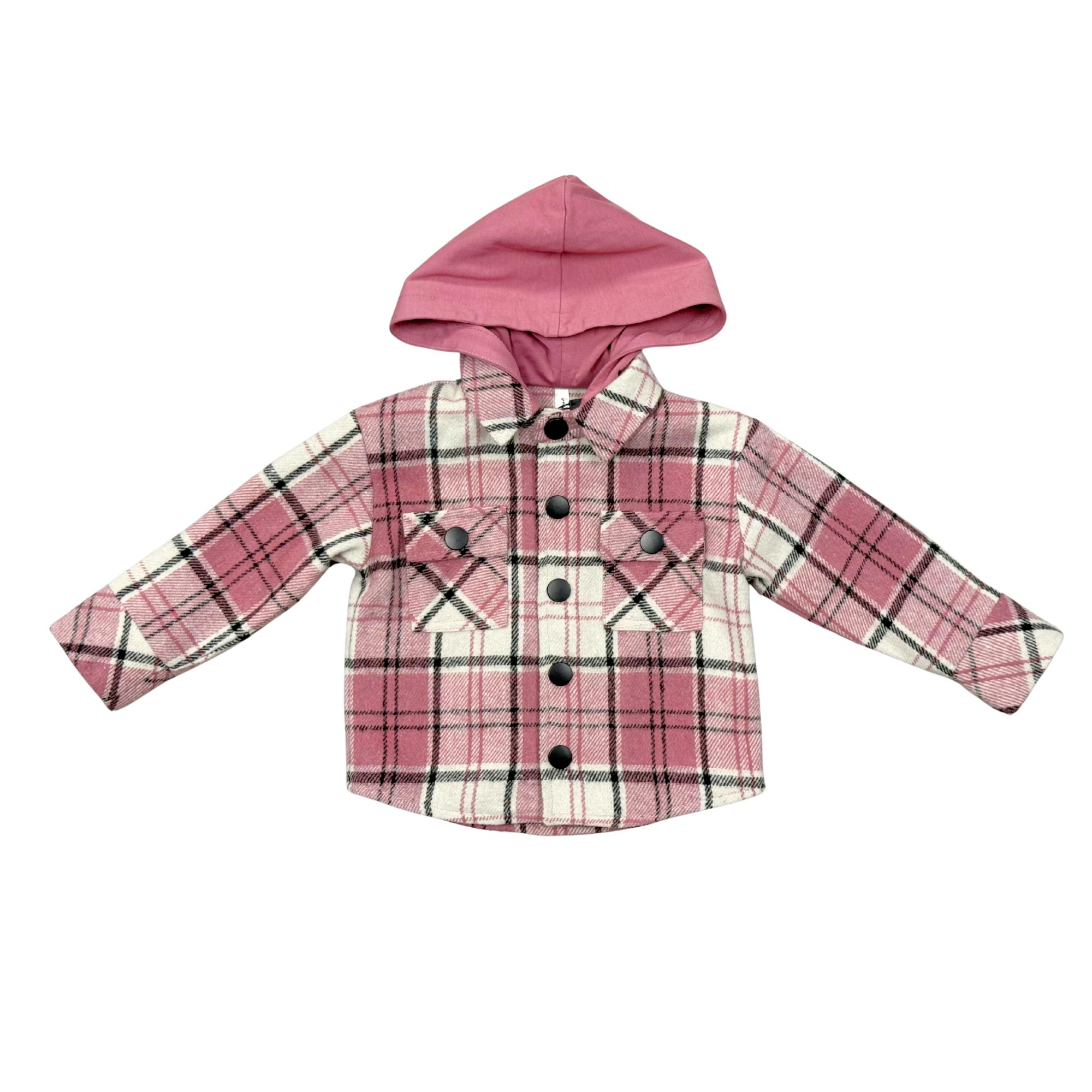 Kids Hooded Shacket in Magenta Plaid
