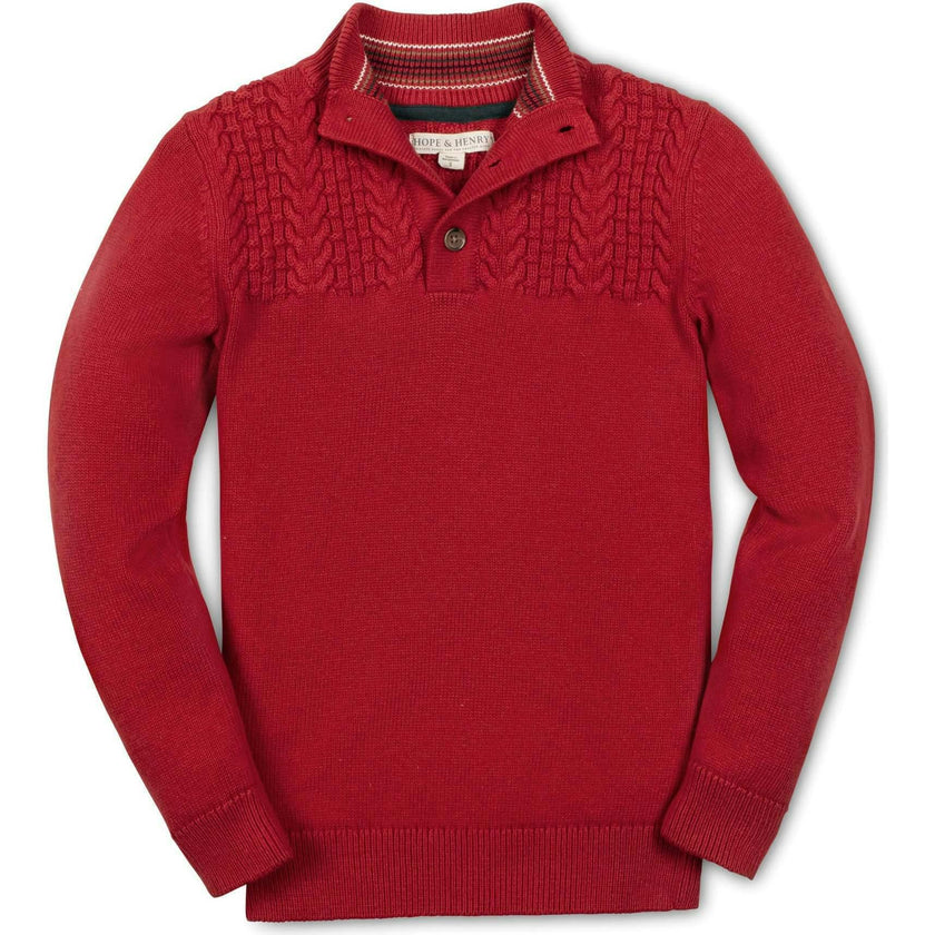 Organic Long Sleeve Mock Neck Sweater with Cable Yoke, Red