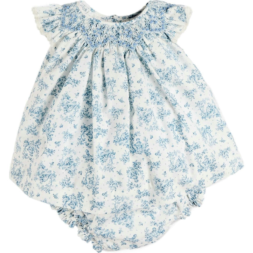 Audrey Toile Capped Sleeve Hand Smocked Dress with Bloomers in Blue (3-12mths)
