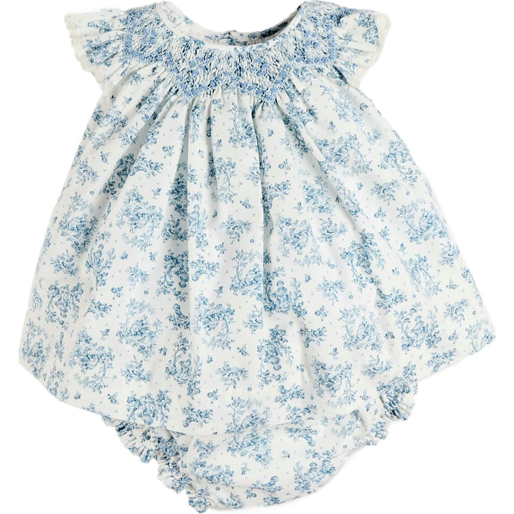 Audrey Toile Capped Sleeve Hand Smocked Dress with Bloomers in Blue (3-12mths)