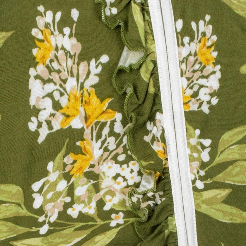 Green Floral Bamboo Ruffle Zipper Footed Romper