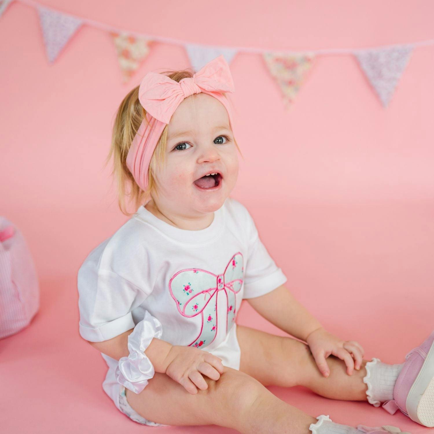 Sky Blue Floral Bow Patch Short Sleeve Romper - White
