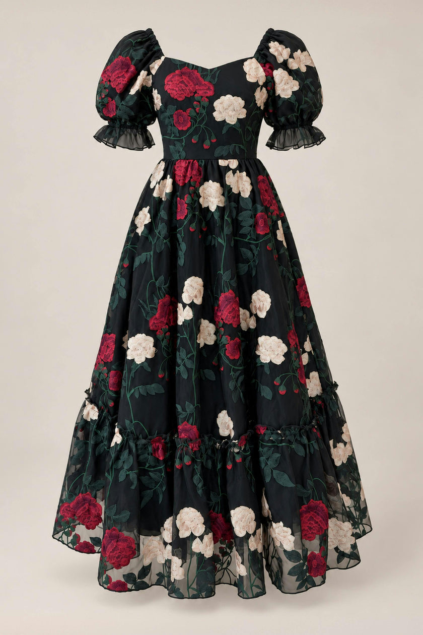 Amora Dress in Obsidian Rose Embroidery