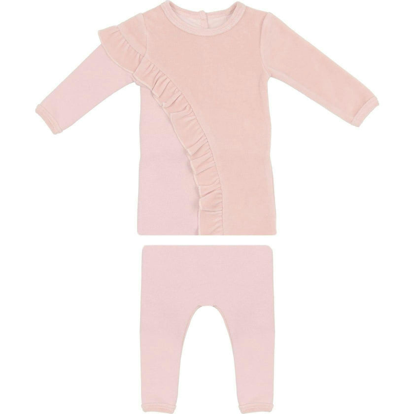 Velour French Terry Ruffle Long Sleeve Top & Pant 2-Piece Set