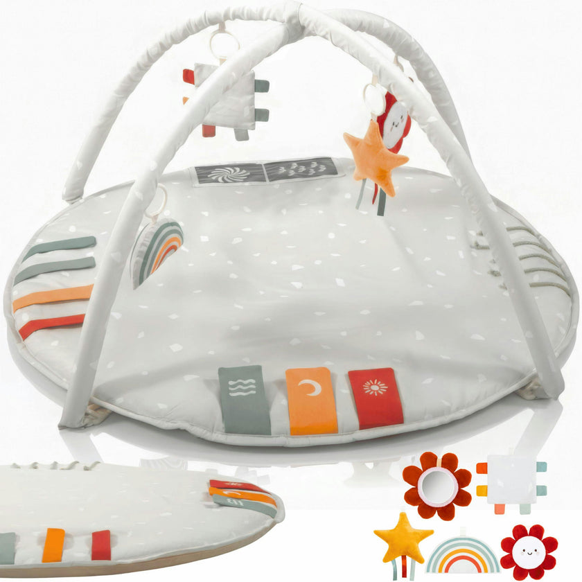 Beautiful Baby Play Gym & Tummy Time Mat - Soft Cotton Mat with 4 Cute Toys & Cards - Perfect Activity Area for Your Girl/Boy - Stylish Infant Floor Playmat