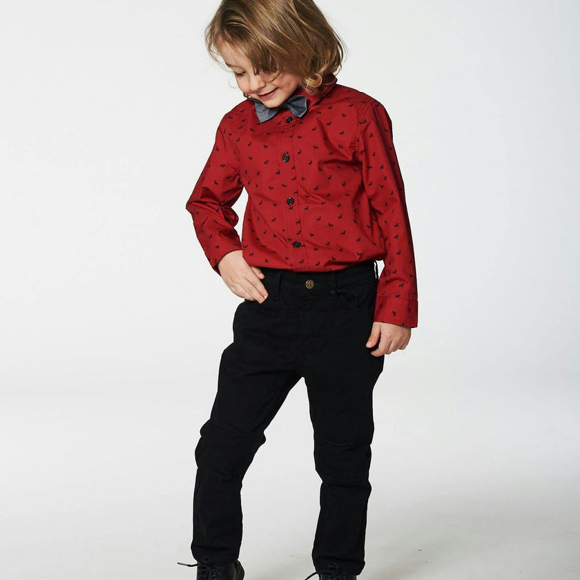 Printed Reindeer Poplin Shirt With Bow Tie Red
