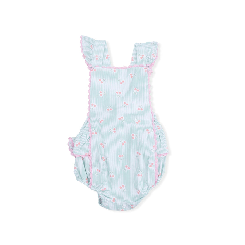 Tiny Cherry Stripe - Ric Rac Ruffle Sunsuit