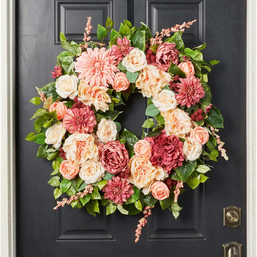 Blush & Bashful - Mixed Dahlia, Peony & Rose Spring Summer Front Door Wreath