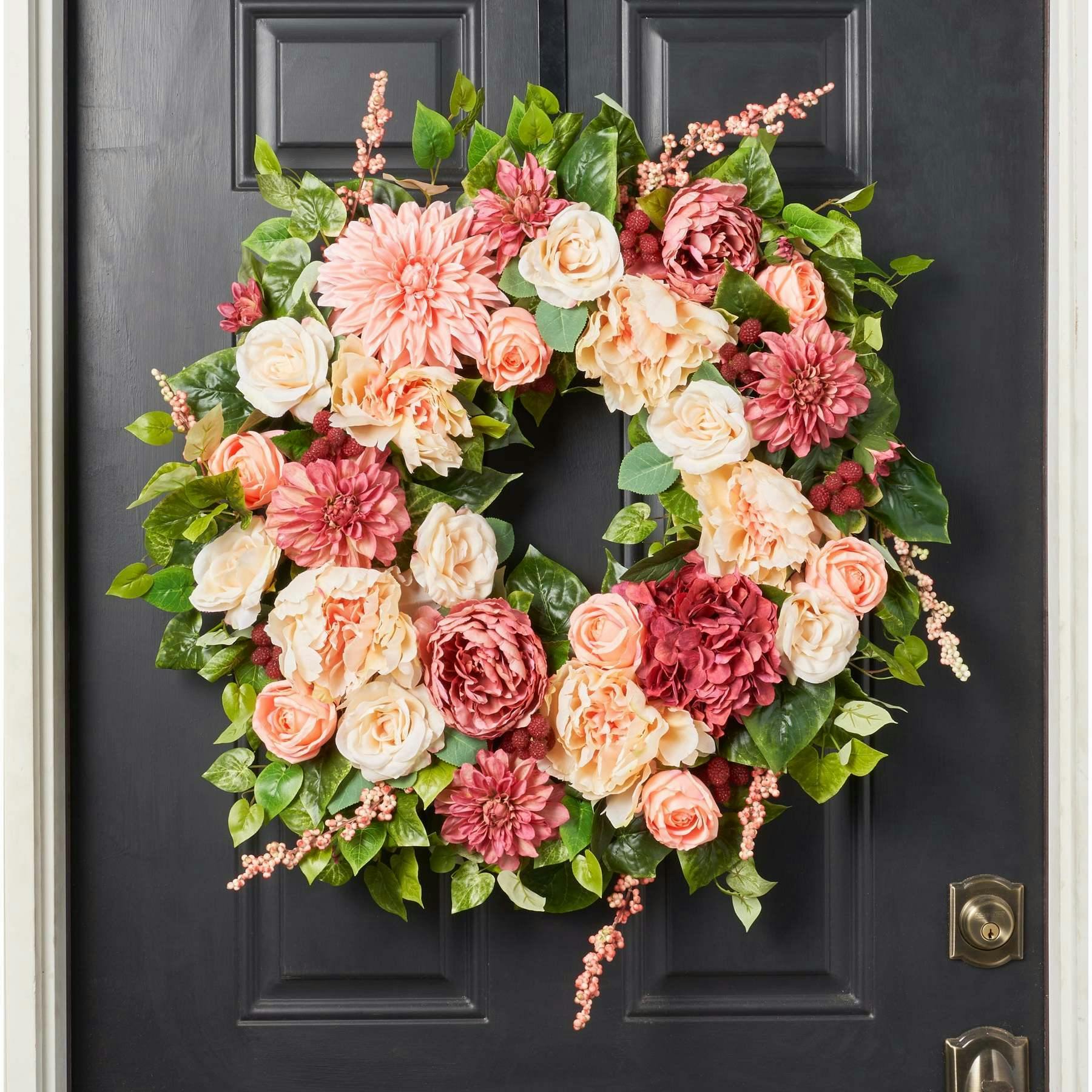 Blush & Bashful - Mixed Dahlia, Peony & Rose Spring Summer Front Door Wreath