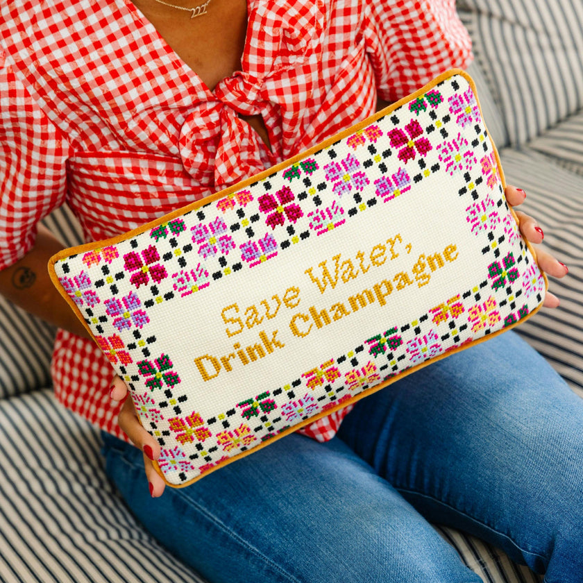 Drink Champagne Needlepoint Pillow