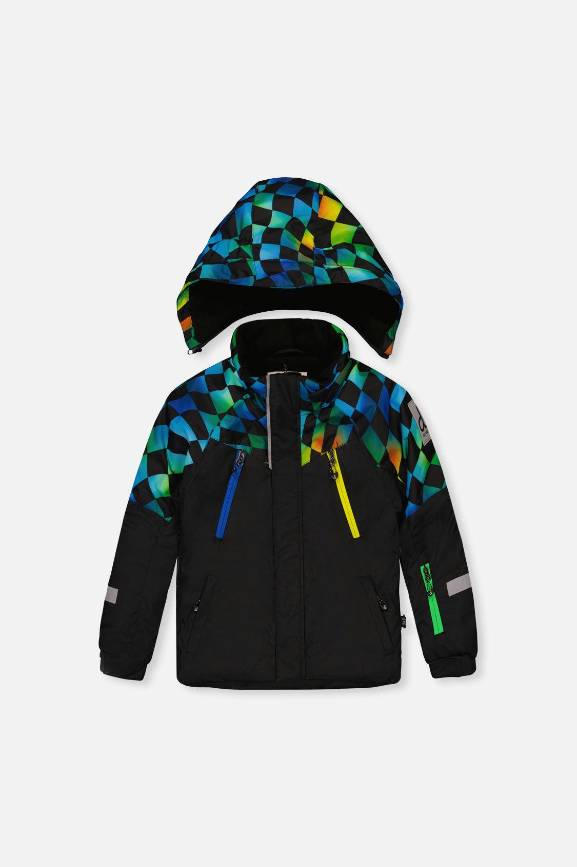 Two Piece Play Snowsuit Black Colorblock With Green Yellow And Blue Checkerboard Pants