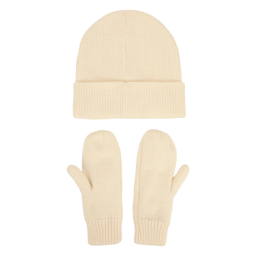 Packed Party White Gem Rhinestone Knit Beanie and Mittens Set - Double-Layer Rib Knit with Iridescent Gems and Rhinestone Mittens, One Size Fits All
