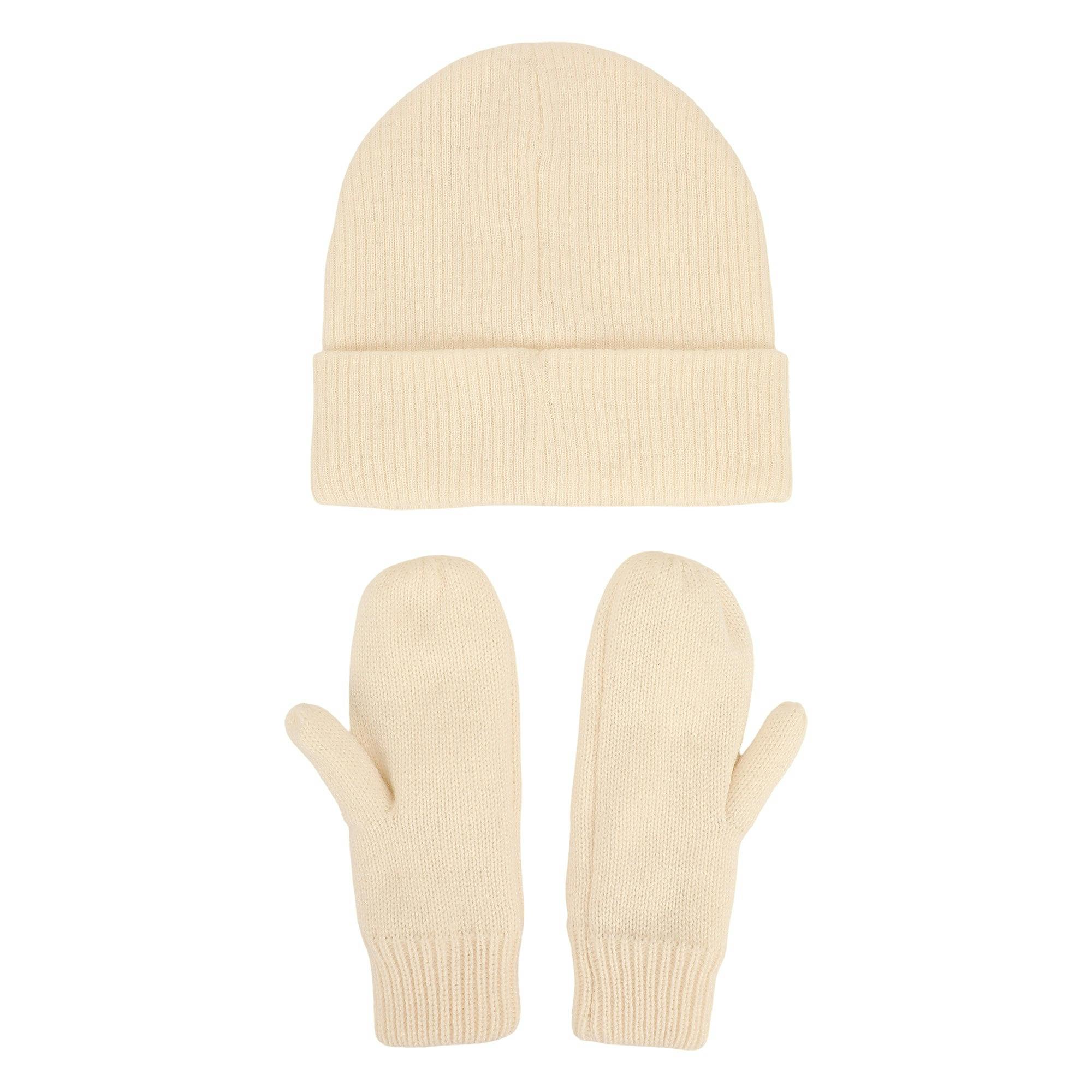 Packed Party White Gem Rhinestone Knit Beanie and Mittens Set - Double-Layer Rib Knit with Iridescent Gems and Rhinestone Mittens, One Size Fits All