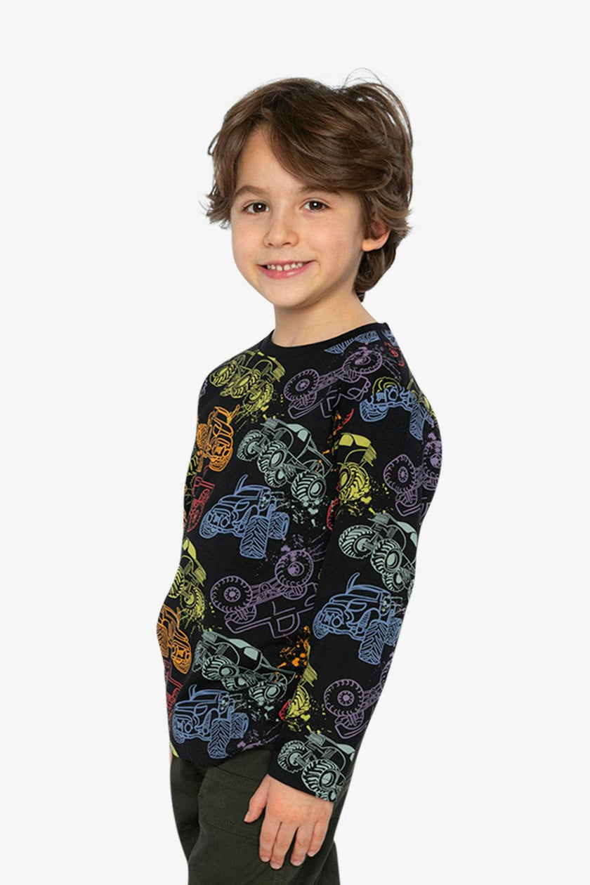 Organic Cotton Long Sleeve T-Shirt Black Monster Truck Print