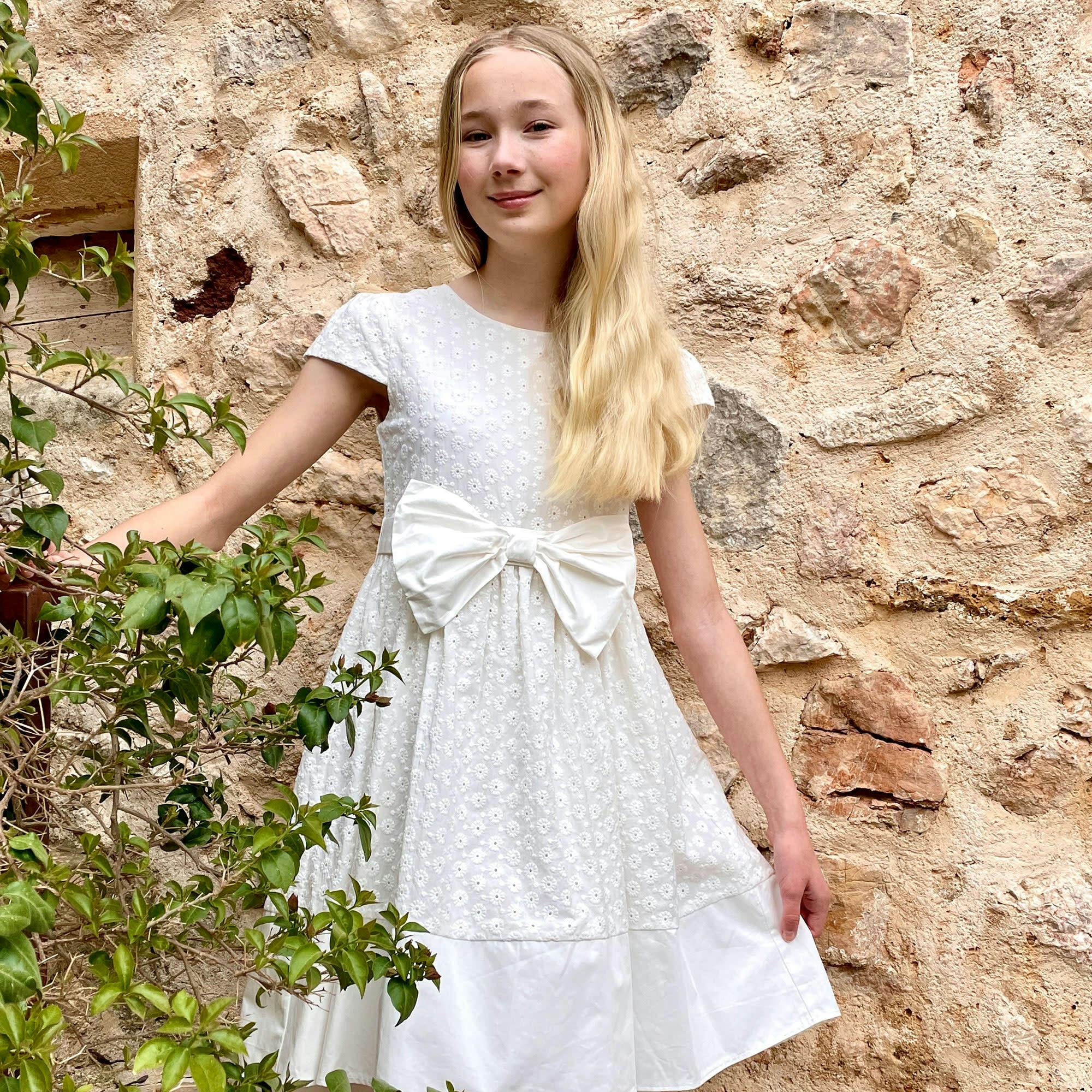 Florence Embroidered Cotton Bow Girls Occasion Dress