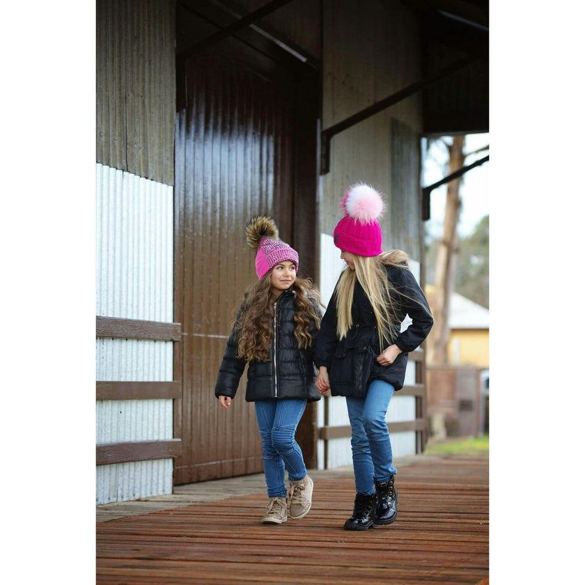 Studded Crystal Beanie With Faux Fur Pom