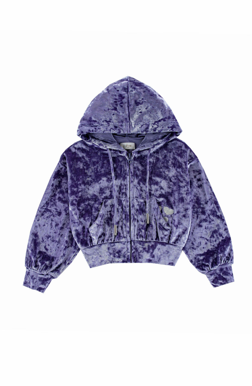 Velvet Zip Hoodie with Embroidered Hearts, Purple