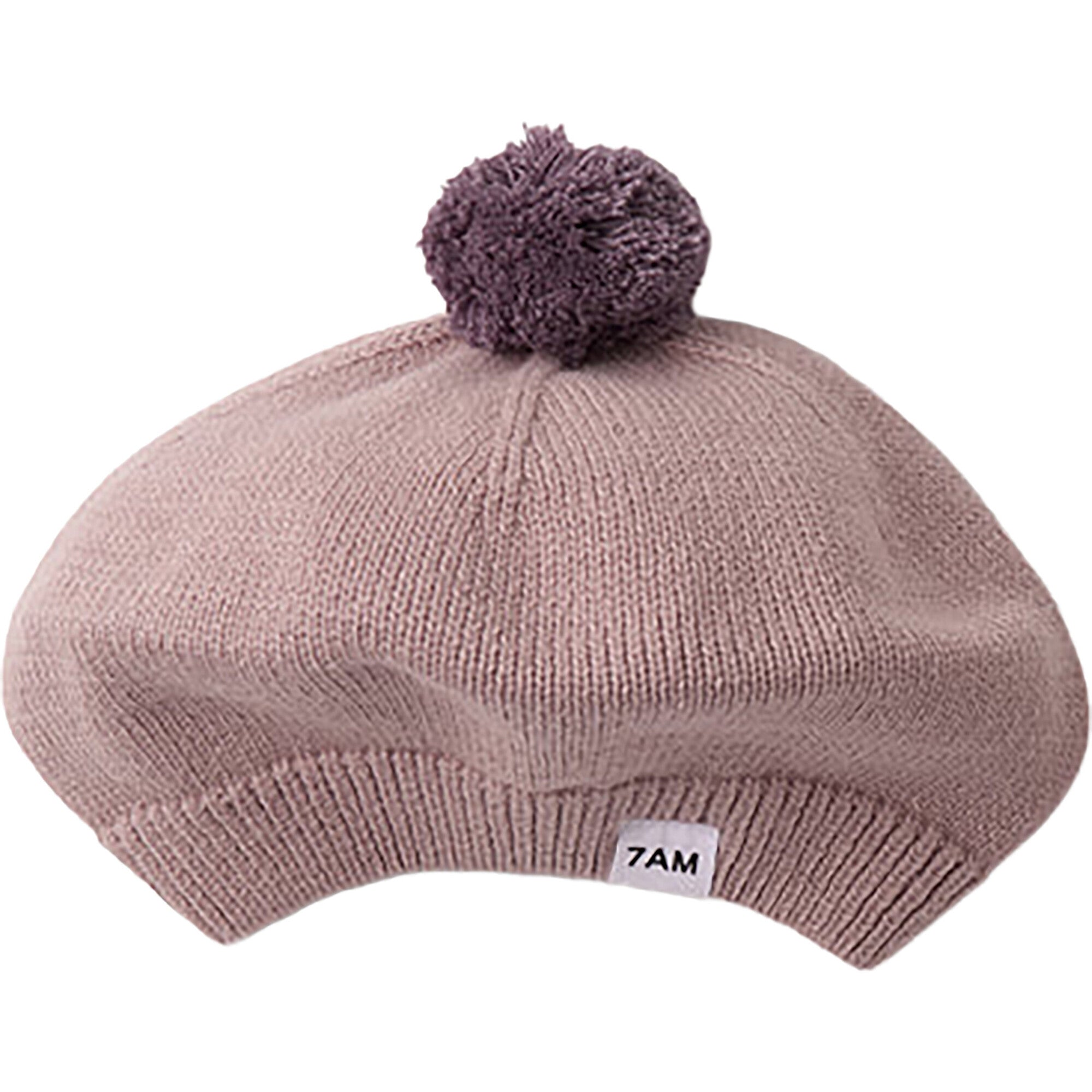 Chunky Ribbed Cotton Knit Pom Pom Beret, Pink