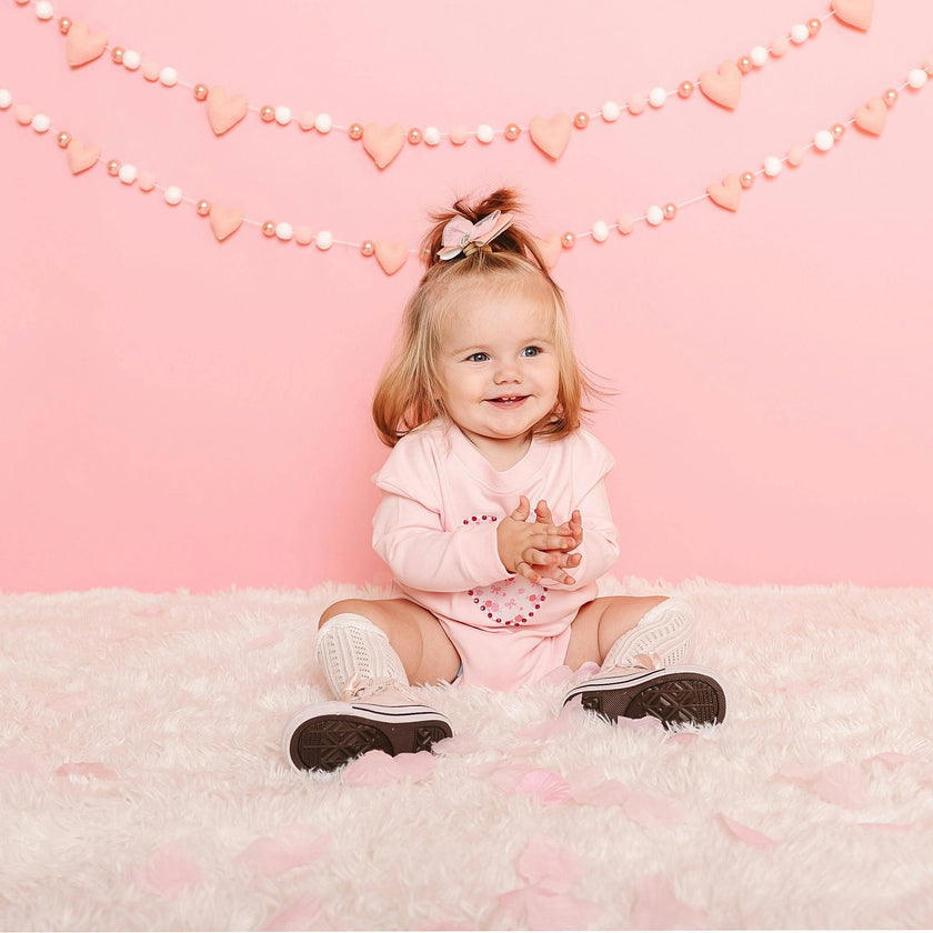 Dainty Rose Pearl Heart Patch Long Sleeve Romper