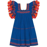 Serena Girl's Tassel Dress Classic Blue Embroidery, Blue
