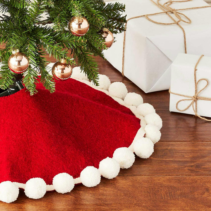 Handmade Pom Poms Red Hand Felted Wool Mini Christmas Tree Skirt 26"