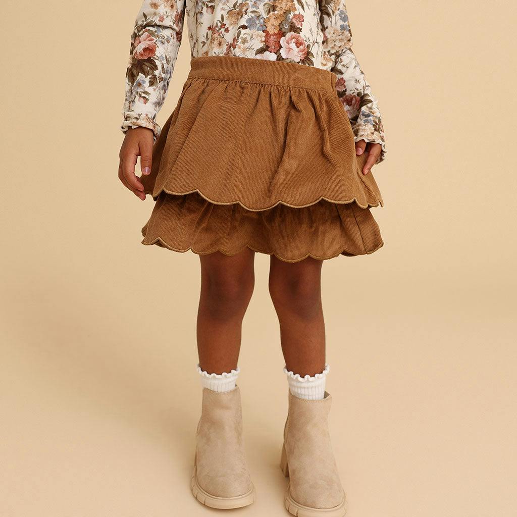 Camel Cotton Corduroy Scalloped Skirt