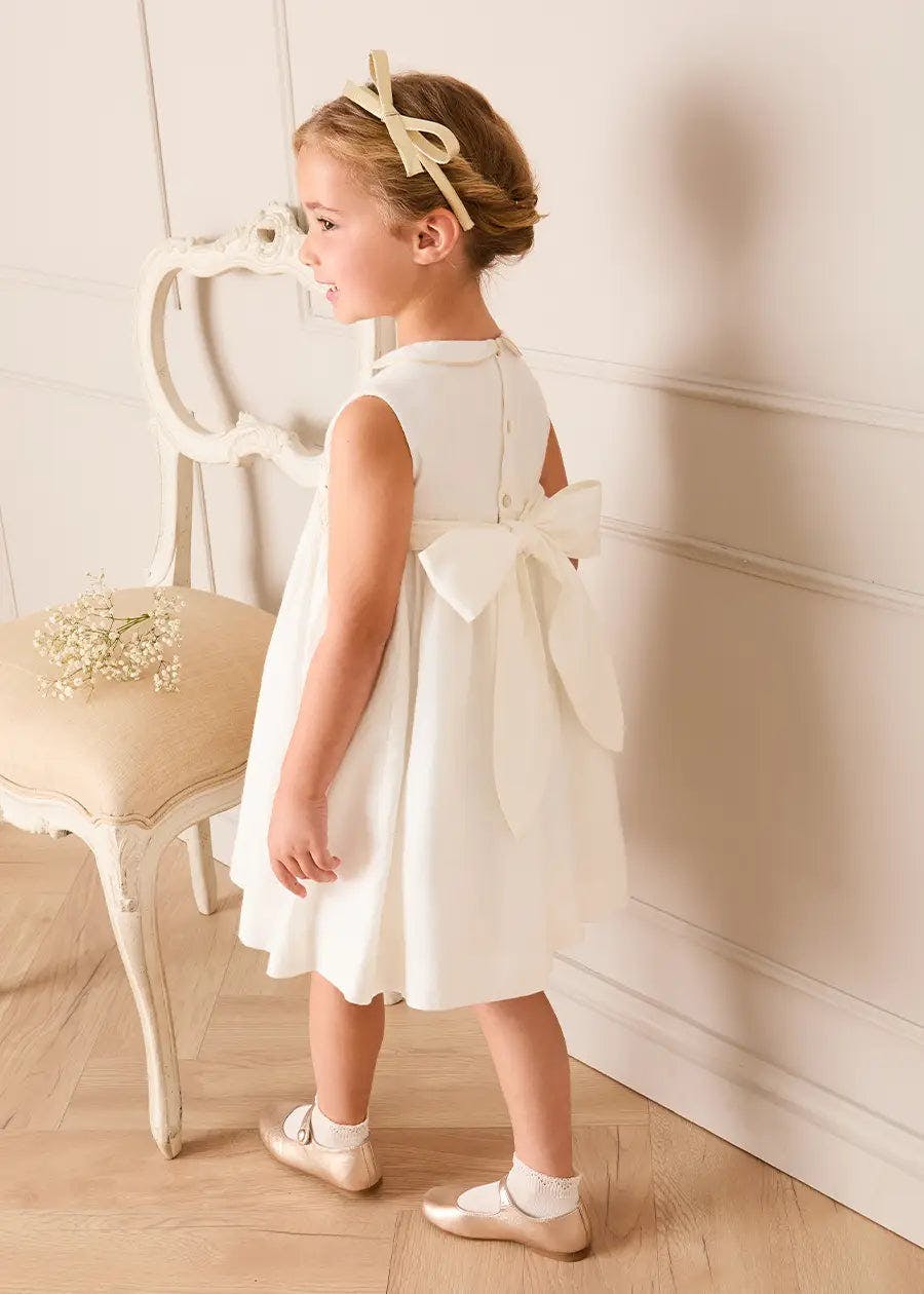 Hand Smocked Gold Embroidered Sleeveless Dress in Ivory (12mths- 10yrs)