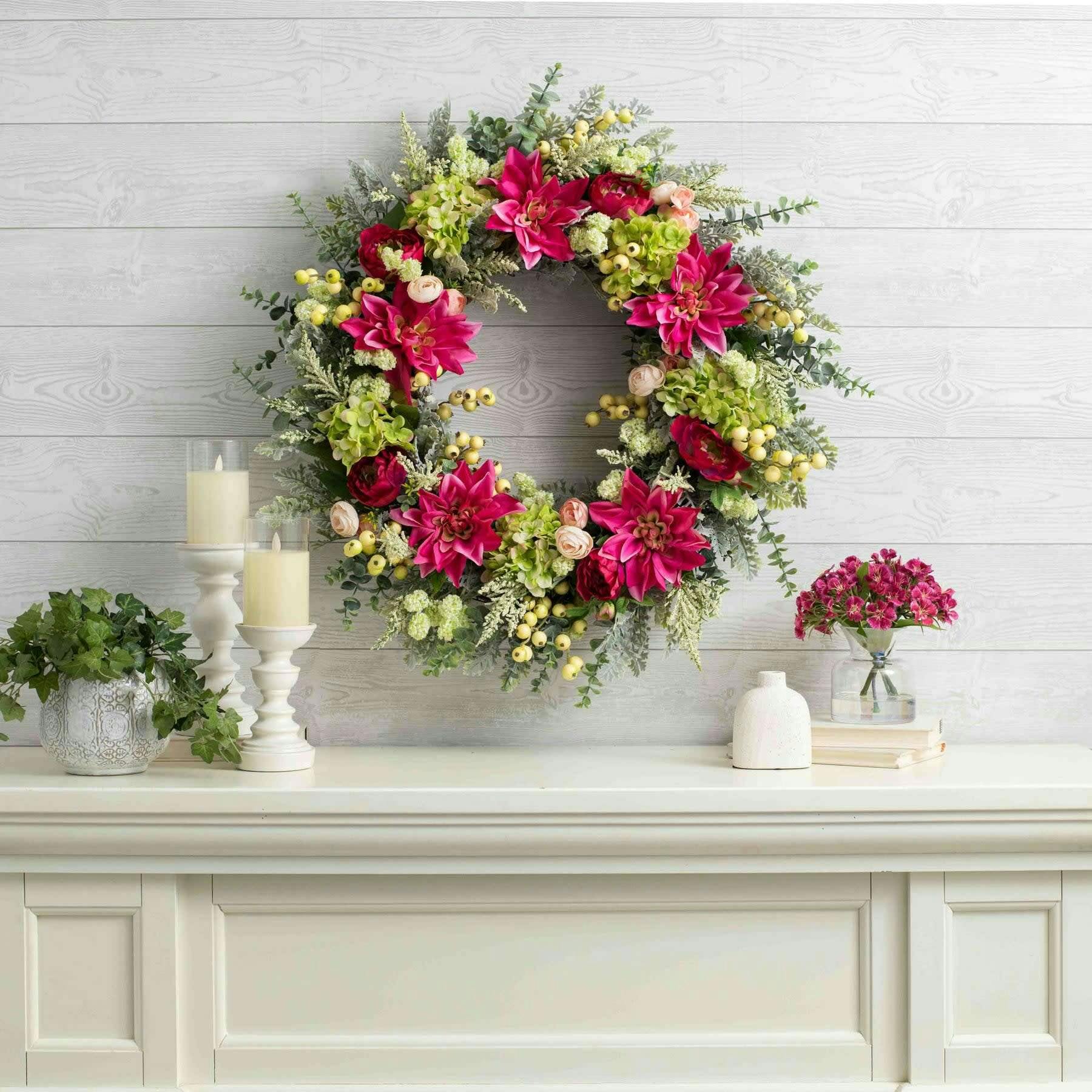 Hydrangea Dahlia Wreath - Fuchsia & Green Spring Summer Door Decor