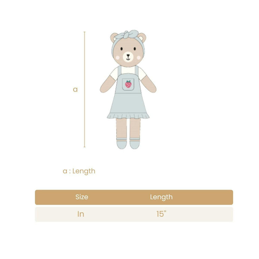 Emma the bear with strawberry  Light blue & natural - 11"