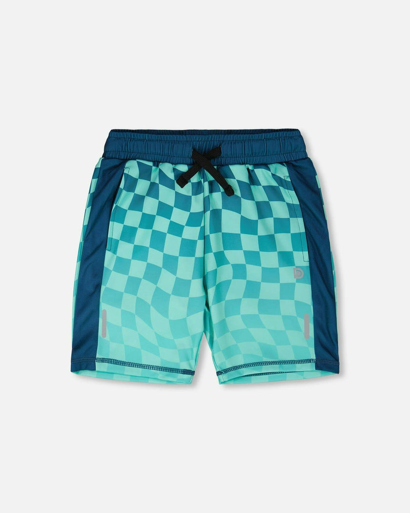 Athletic Shorts In Recycled Polyester Teal Printed Checkerboard