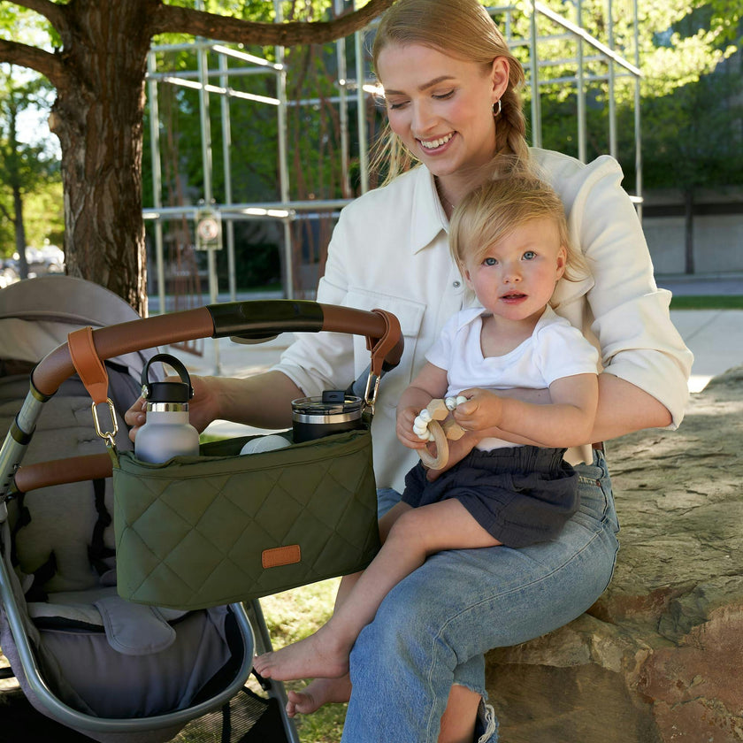 ZICOTO Beautiful Stroller Organizer Bag - Easy to Install Stroller Caddy incl. Cup Holder Attachment - Perfectly Sized Accessories For Any Stroller