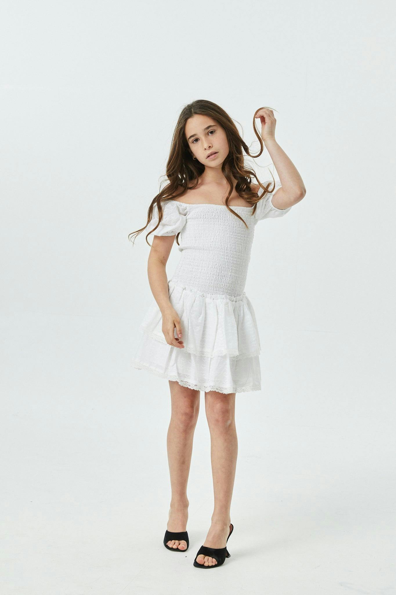 Lexi White Heart Smocked Short Sleeve Ruffle Dress