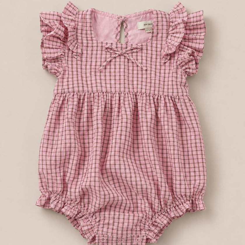 Baby Ana Romper in Pink & Brown Gingham