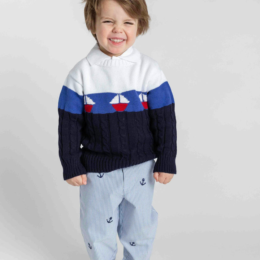 Stripe Fake Fly Pants With Anchors