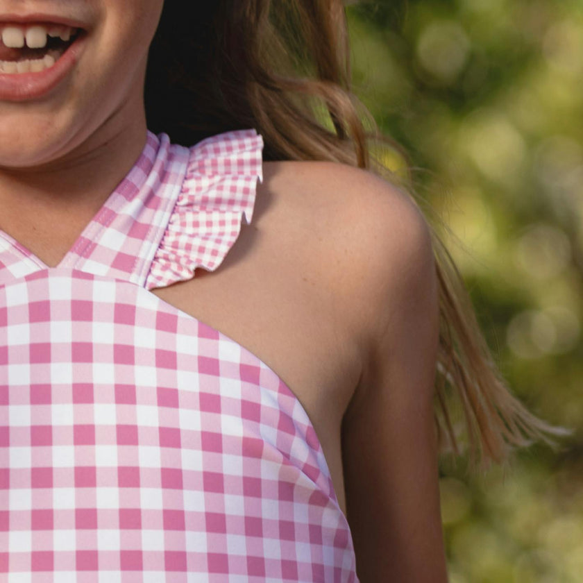 girls blush gingham v-neck crossover one piece